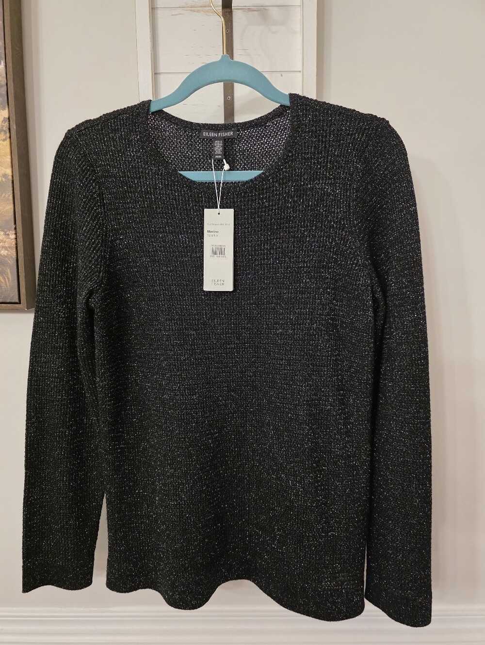 Eileen Fisher Merino Sparkle Black Crewneck Sweater Size Medium